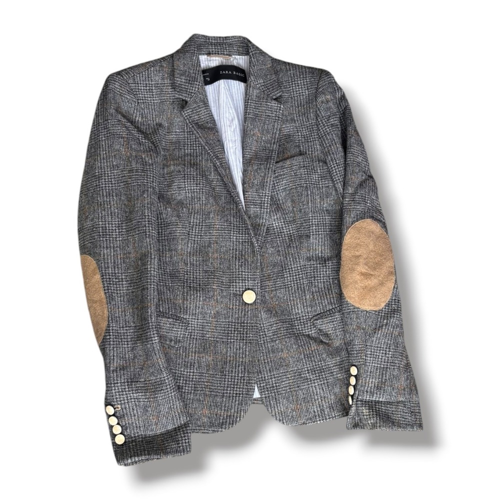 Zara Gray Plaid Blazer with Tan Elbow Patches